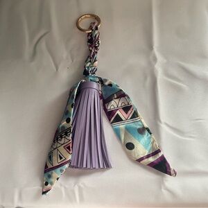 Classic Satin Scarf Tassel Faux Leather Key Chain Pendant Bag Charm Twilly